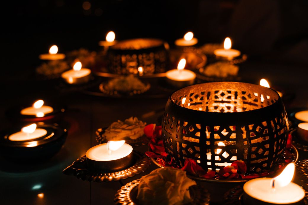 Lit diyas and candles for Diwali