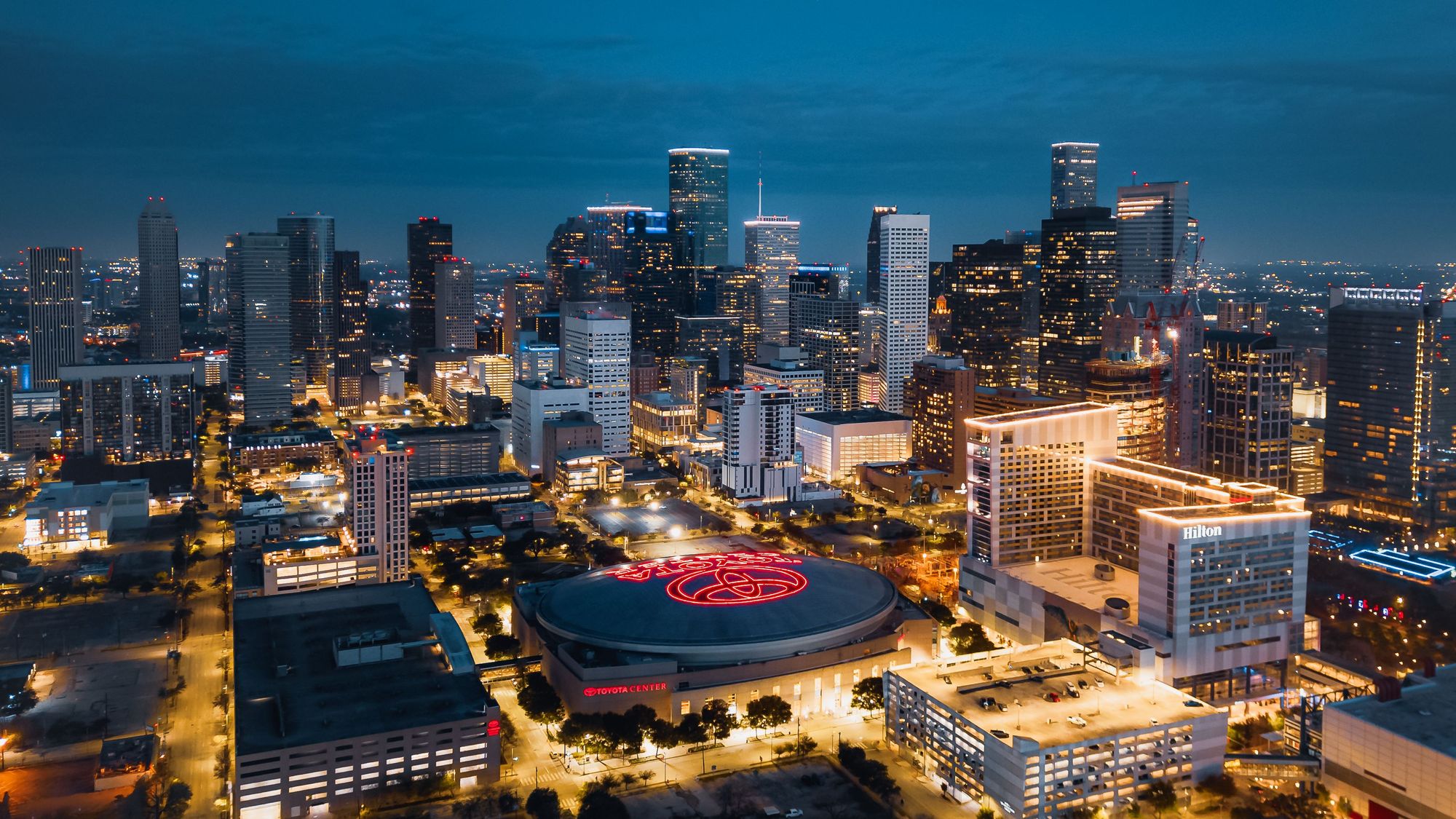 Downtown Houston at dusk, seen from above