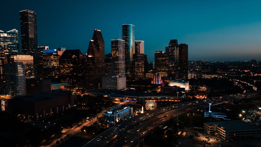 Downtown Houston skyline at blue hour