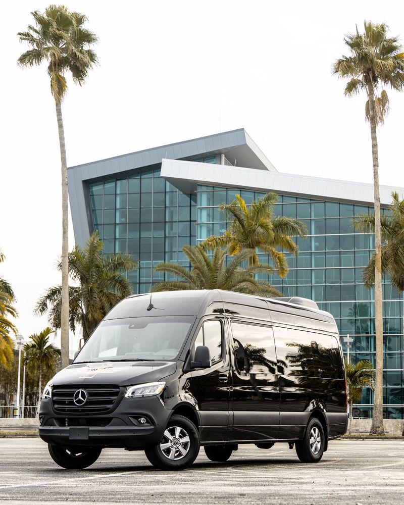 A black Mercedes-Benz Sprinter van by a modern building with palm trees